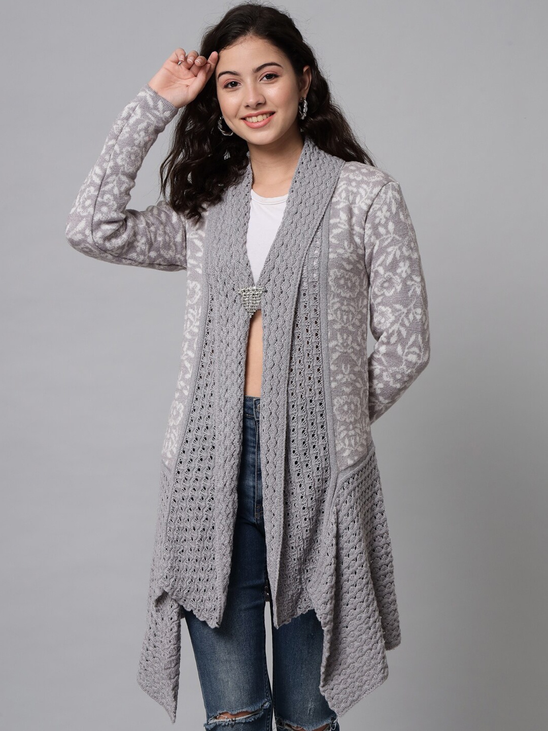 

eWools Floral Self Design Wool Longline Shrug, Grey