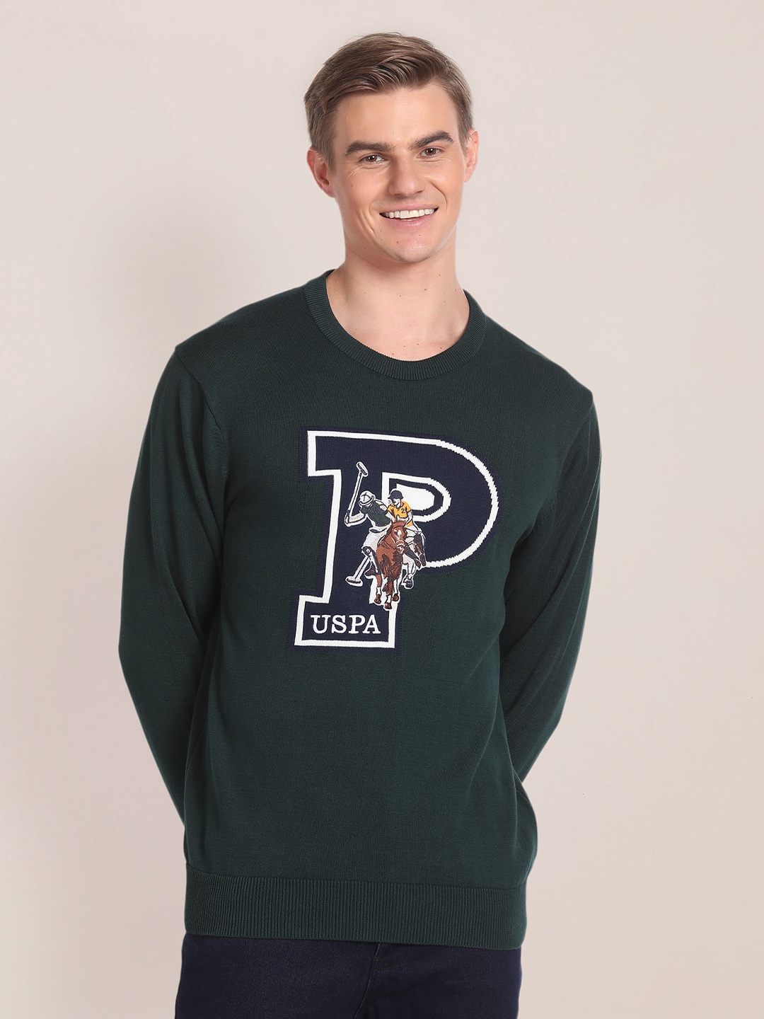 

U.S. Polo Assn. Brand Logo Woven Design Cotton Pullover with Applique Detail, Green