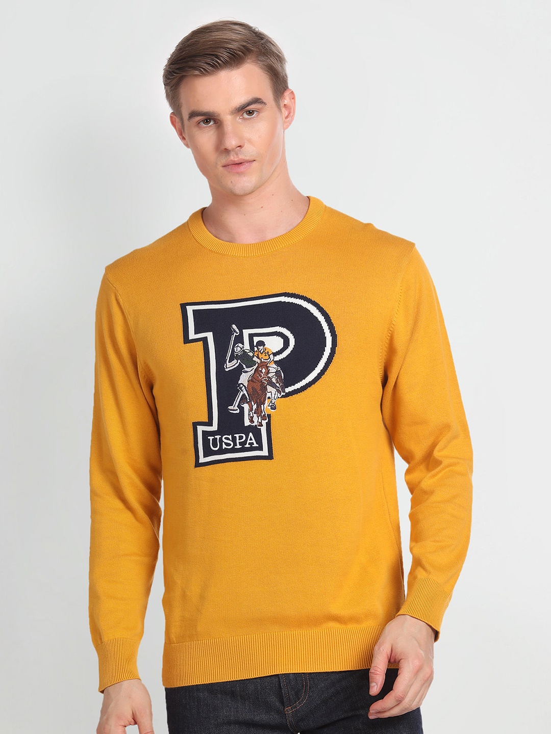 

U.S. Polo Assn. Denim Co. Woven Design Pure Cotton Pullover Sweater, Yellow