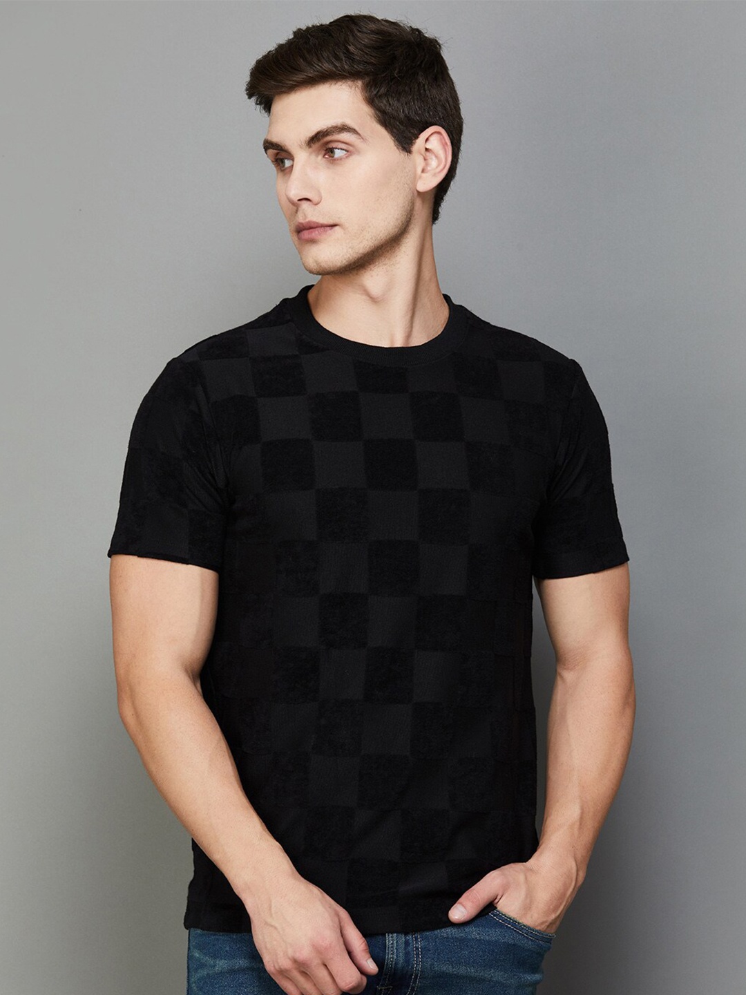 

Bossini Checked Round Neck T-shirt, Black