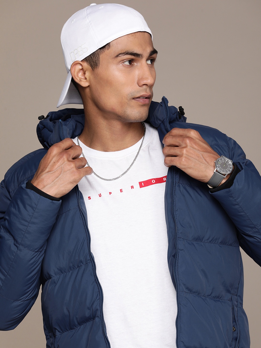 

WROGN Solid Hooded Puffer Jacket, Navy blue