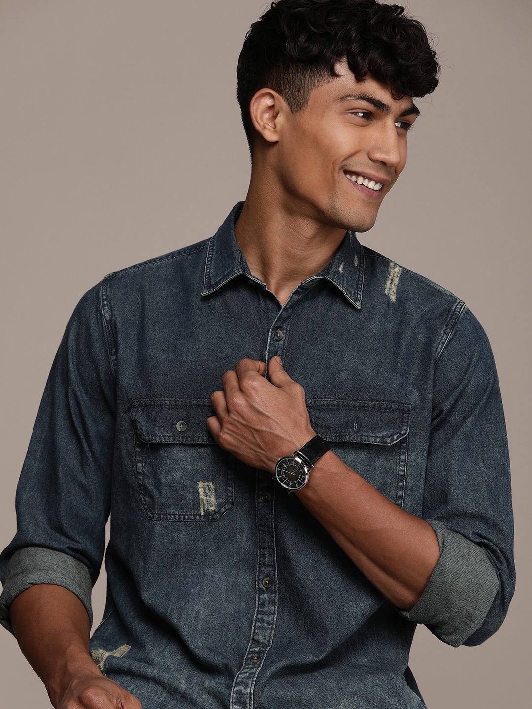 

WROGN Solid Slim Fit Ripped Pure Cotton Casual Shirt, Blue