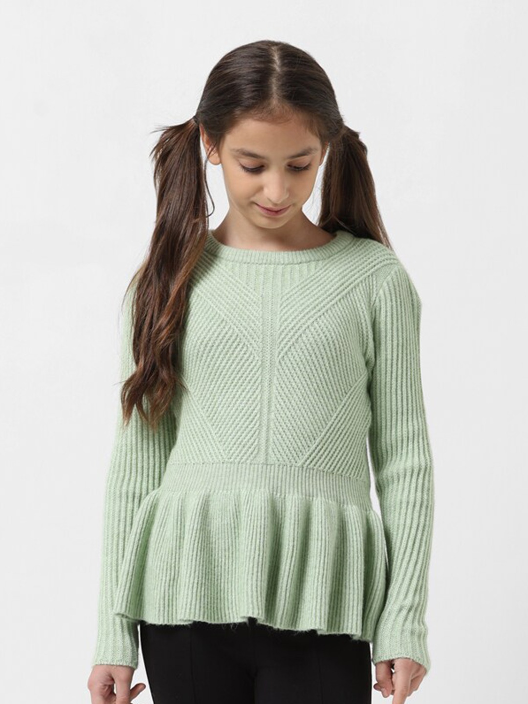 

Vero Moda Girls Self Design Round Long Sleeve Pullover Sweaters, Green