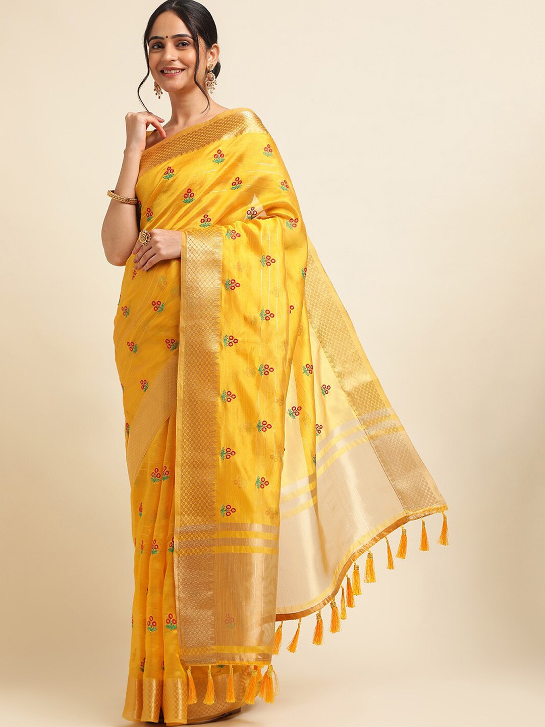 

ALAGINI Ethnic Motifs Embroidered Zari Detailed Organza Saree, Yellow