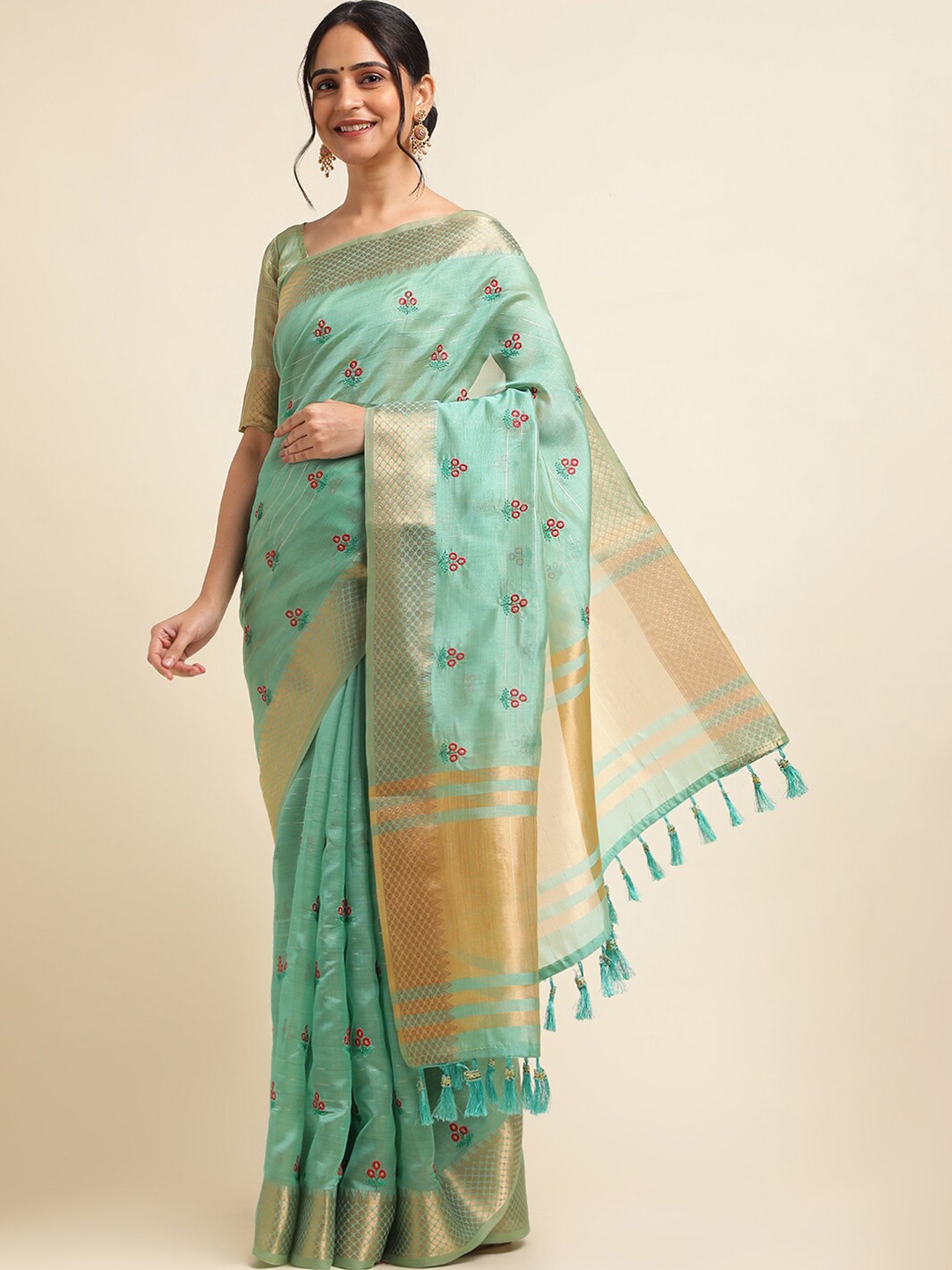 

ALAGINI Ethnic Motifs Embroidered Zari Detailed Organza Saree, Turquoise blue