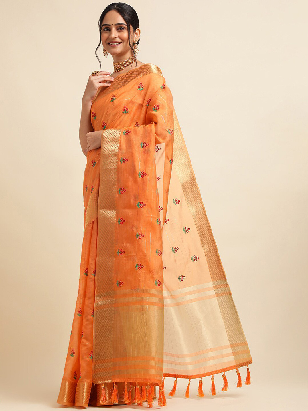 

ALAGINI Ethnic Motifs Embroidered Zari Detailed Organza Saree, Orange