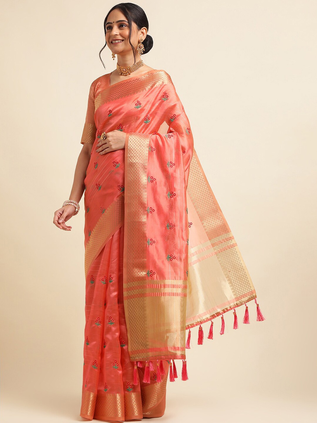 

ALAGINI Ethnic Motifs Embroidered Zari Detailed Organza Saree, Orange