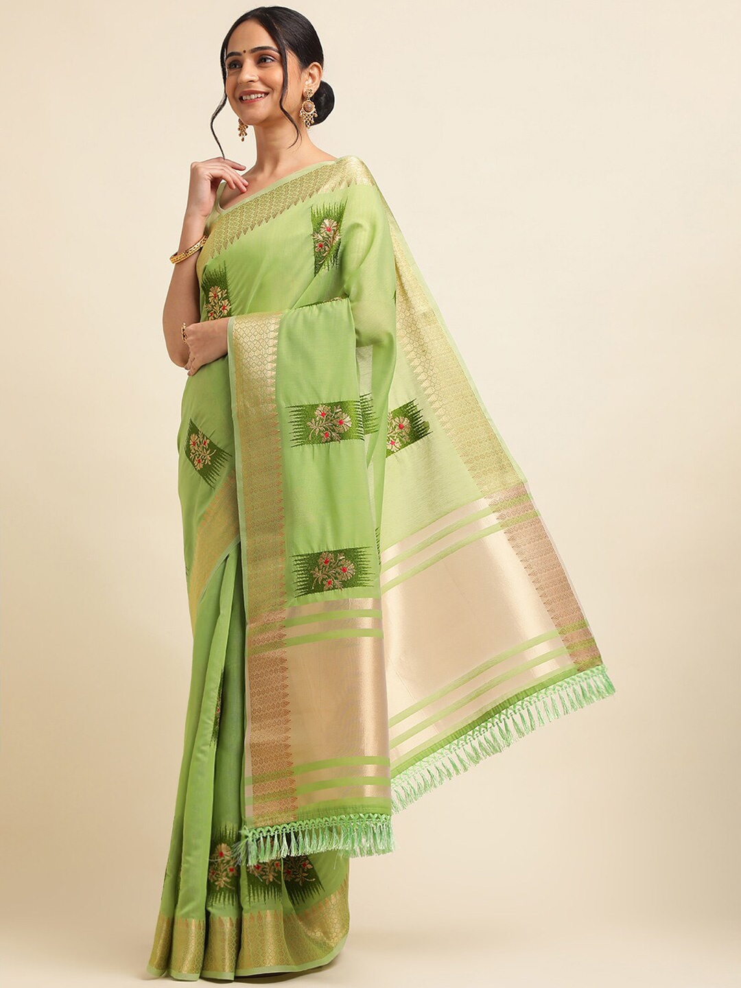 

ALAGINI Ethnic Motifs Woven Design Zari Detailed Silk Cotton Saree, Green