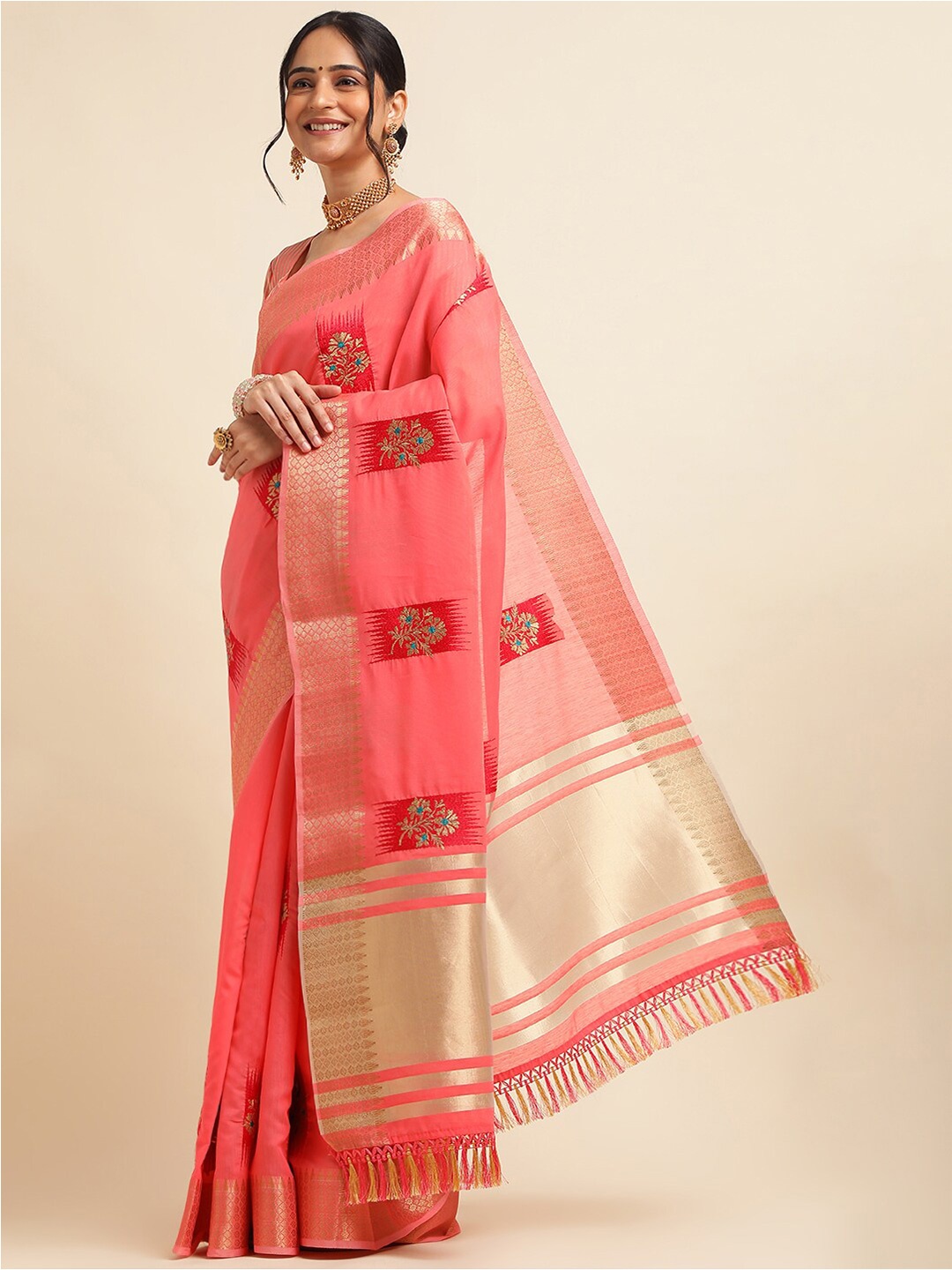 

ALAGINI Ethnic Motifs Embroidered Zari Silk Cotton Chanderi Saree, Red