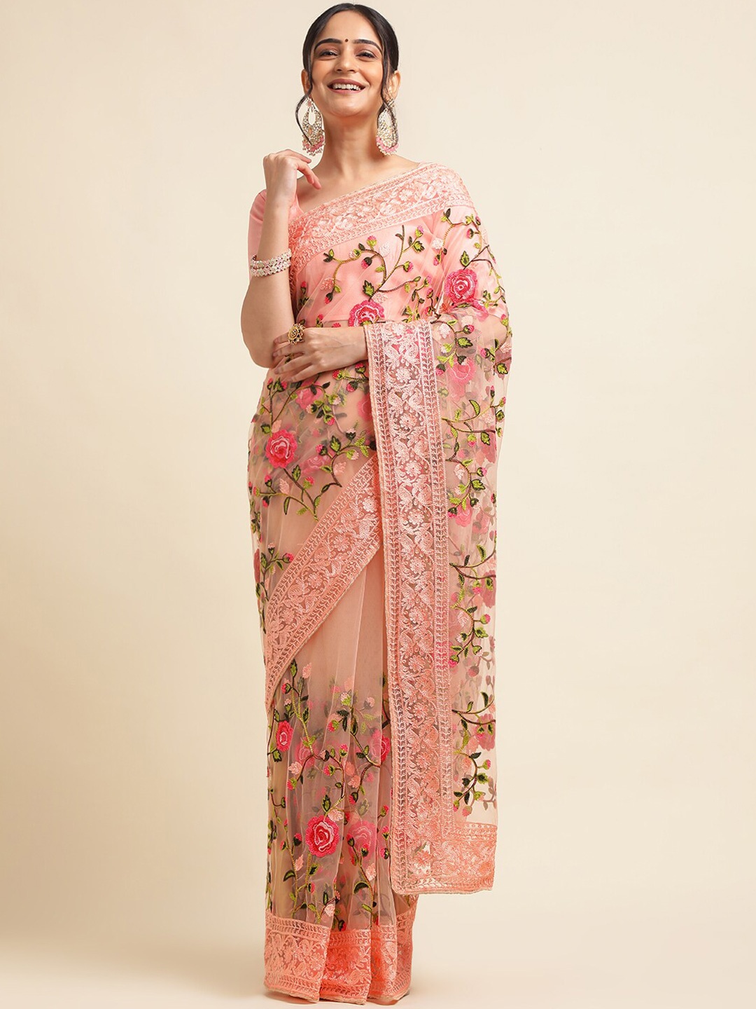 ALAGINI Floral Embroidered Net Taant Saree, Orange