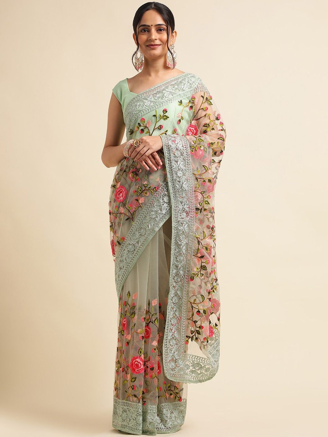 

ALAGINI Floral Embroidered Net Taant Saree, Green
