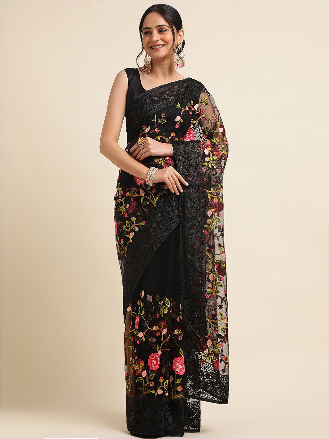 

ALAGINI Floral Embroidered Net Taant Saree, Black