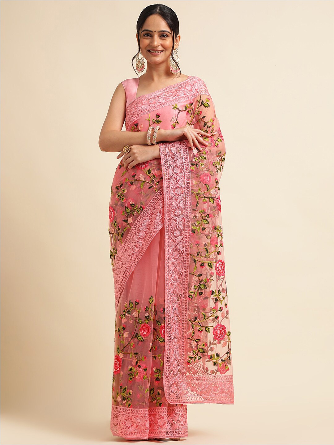 

ALAGINI Floral Embroidered Net Taant Saree, Pink