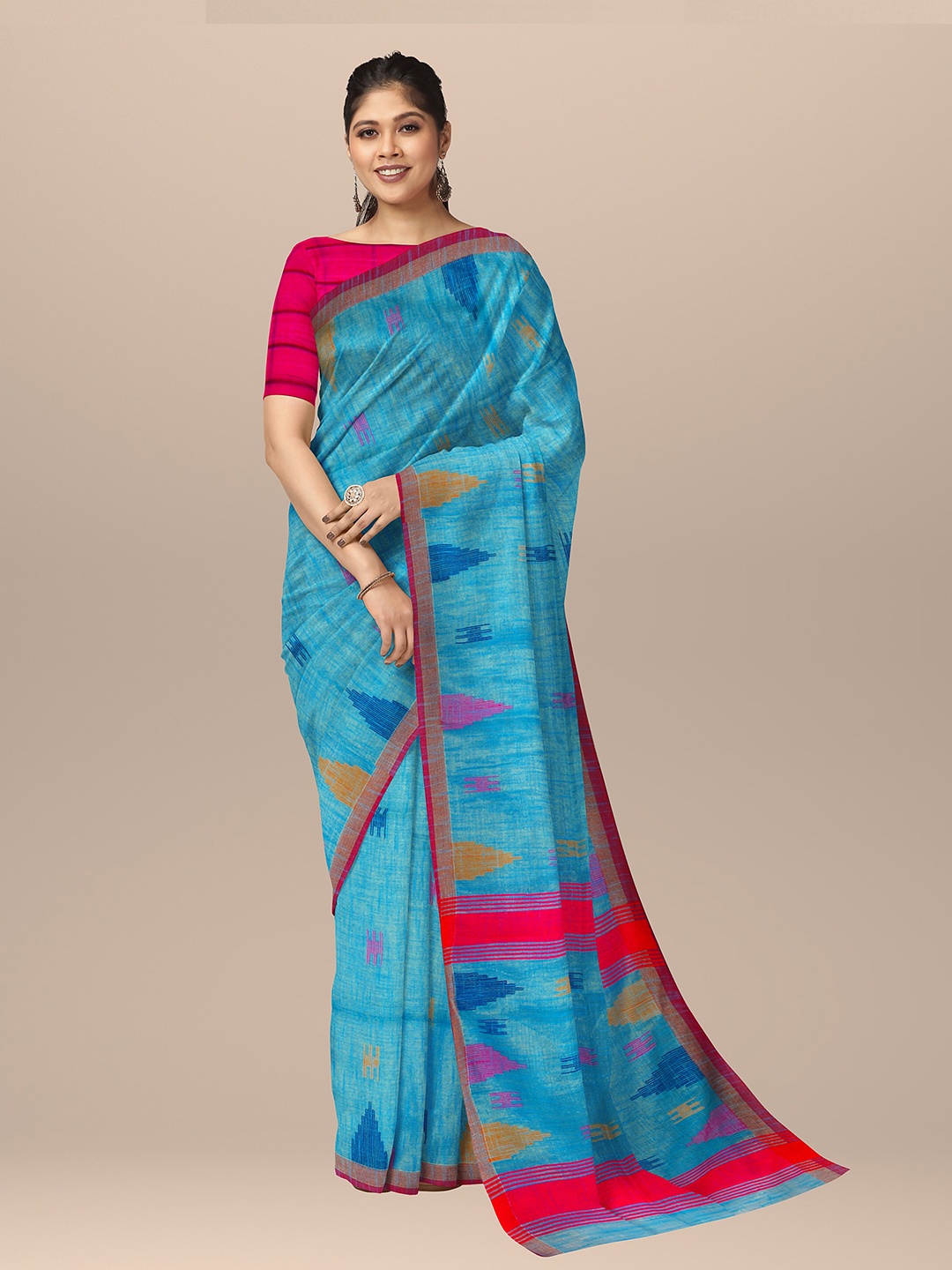 

SARIKA Geometric Woven Design Pure Cotton Saree, Blue
