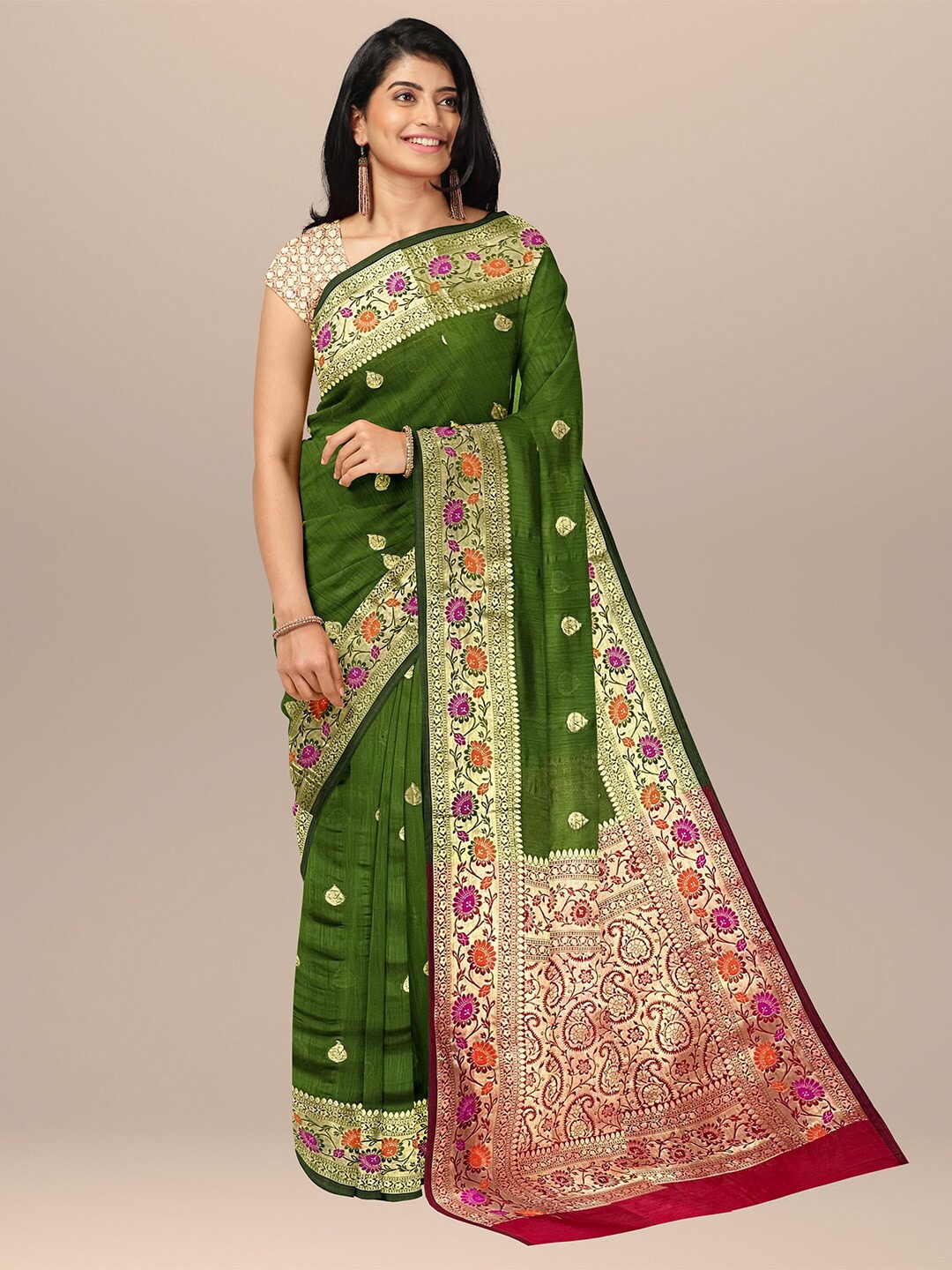 

SARIKA Woven Design Zari Silk Blend Saree, Green