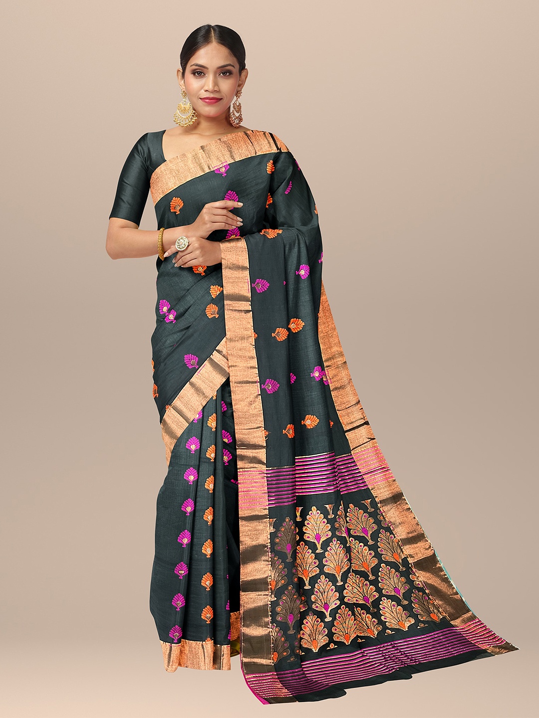 

SARIKA Ethnic Motifs Woven Design Zari Pure Cotton Saree, Black