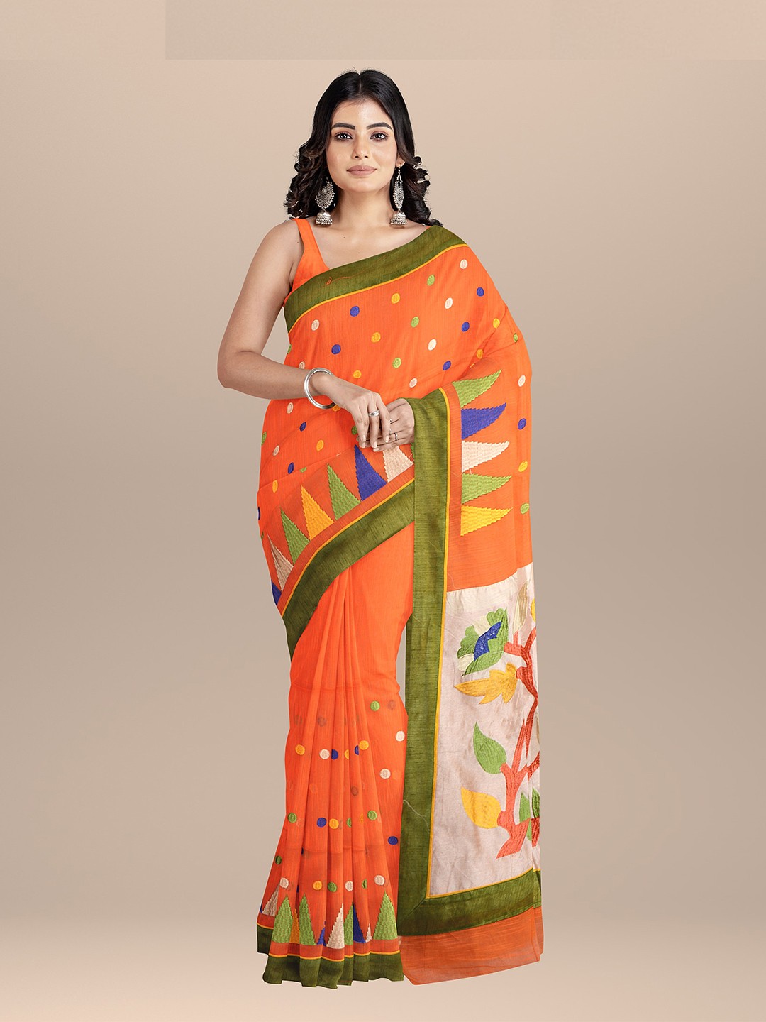 

SARIKA Geometric Woven Design Pure Cotton Saree, Orange