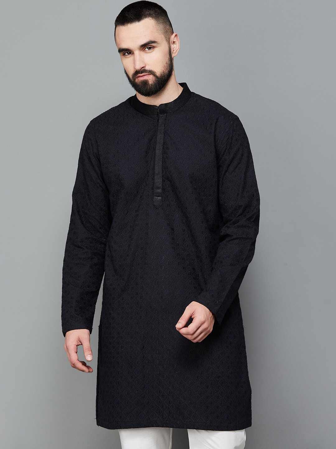 

Melange by Lifestyle Ethnic Motifs Woven Design Thread Work Straight Kurta, Black
