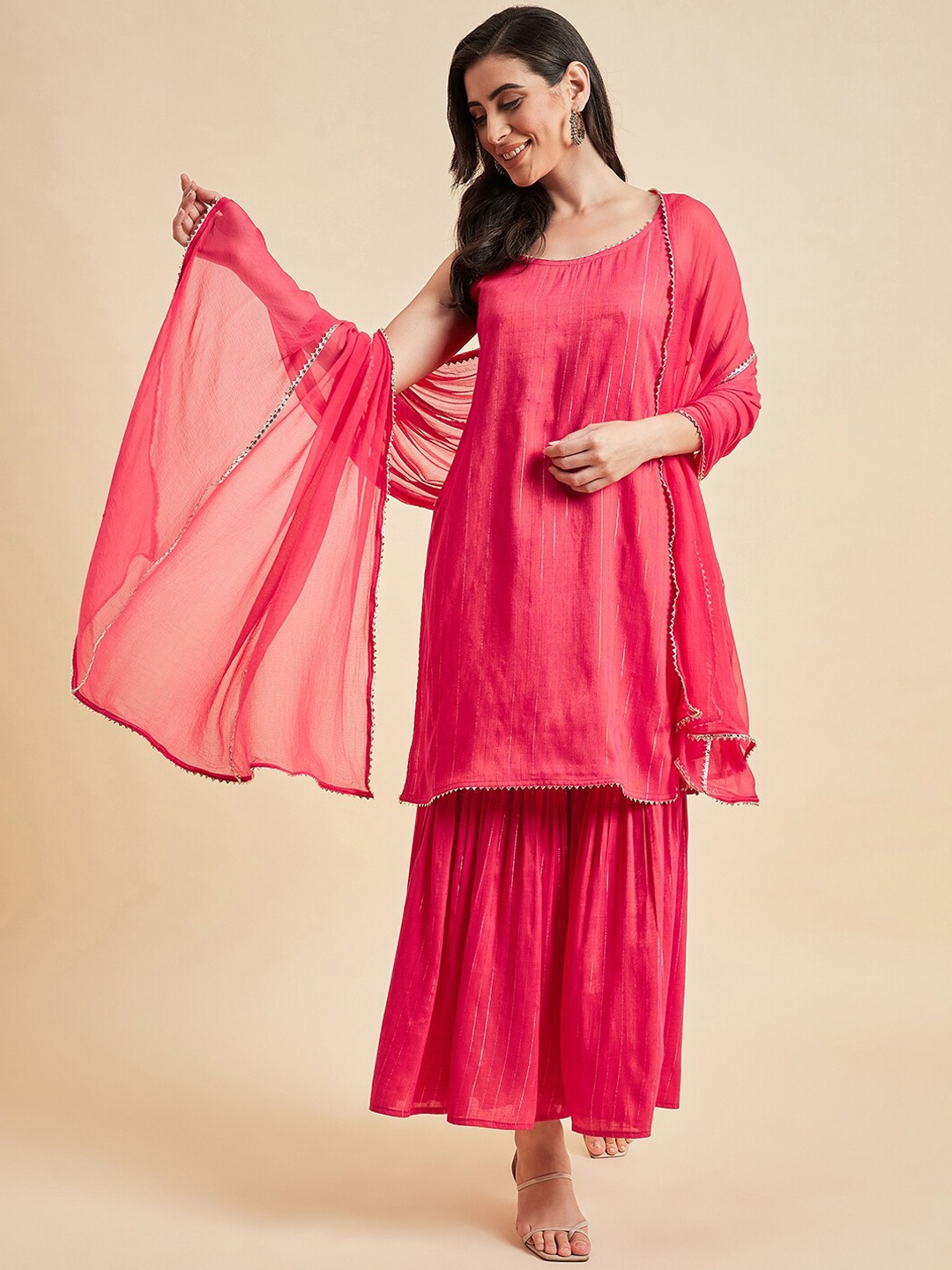 

Azira Striped Shoulder Straps Sleeveless Gotta Patti Kurta With Sharara & Dupatta, Pink