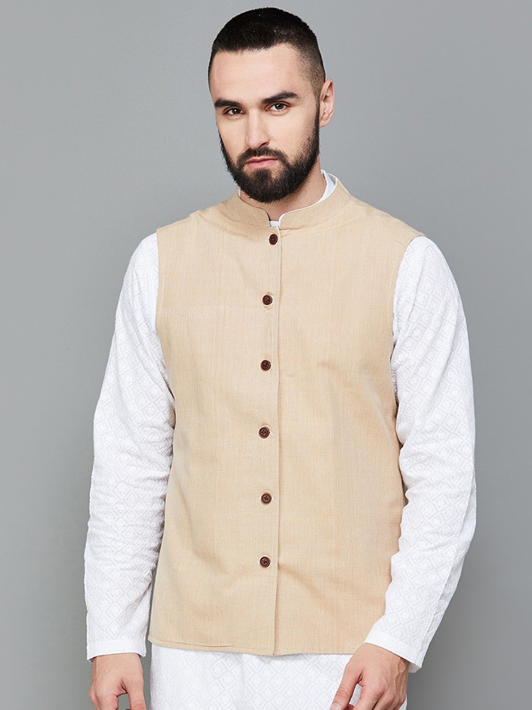 

Melange by Lifestyle Checked Pure Cotton Reversible Nehru Jacket, White