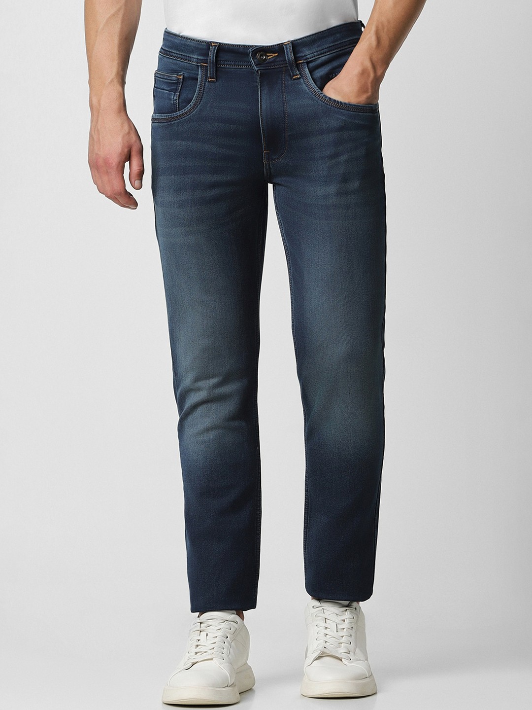 

VAN HEUSEN DENIM LABS Men Slim Fit Mid-Rise Clean Look Light Fade Stretchable Jeans, Navy blue