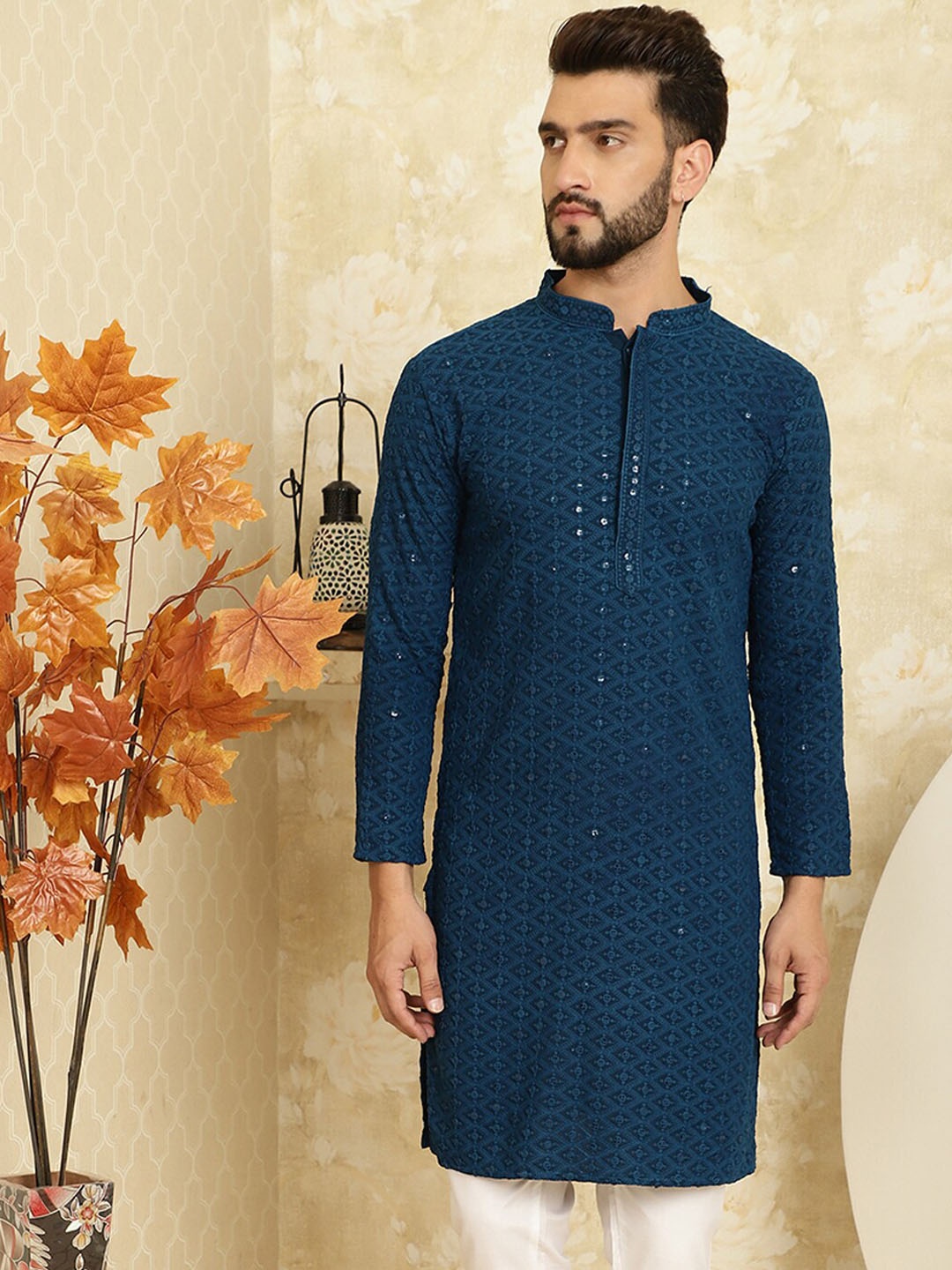 

SOJANYA Embroidered Sequinned Mandarin Collar Pure Cotton Kurta, Teal
