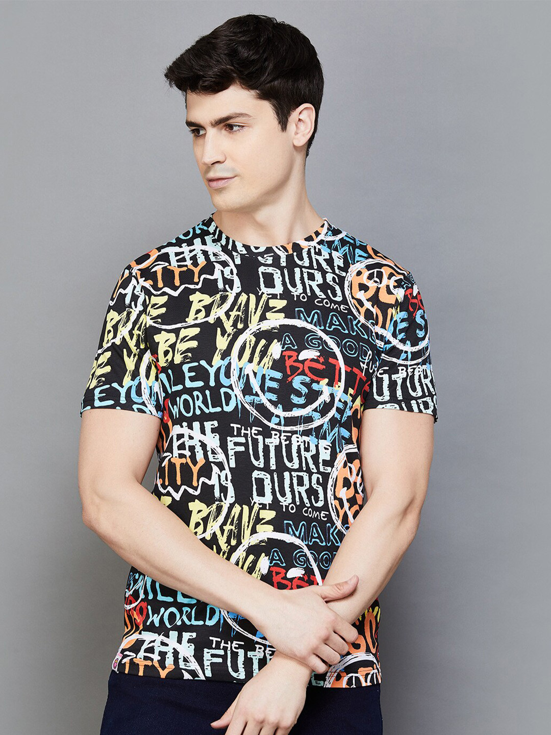 

SmileyWorld Typography Printed Cotton T-shirt, Black