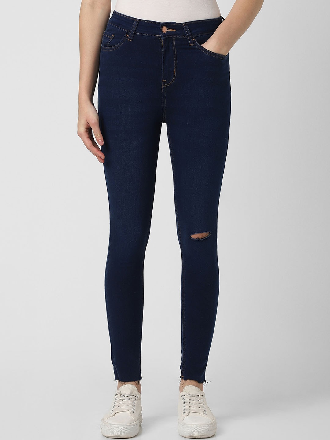 

Van Heusen Woman Skinny Fit Mid-Rise Slash Knee Cotton Jeans, Navy blue