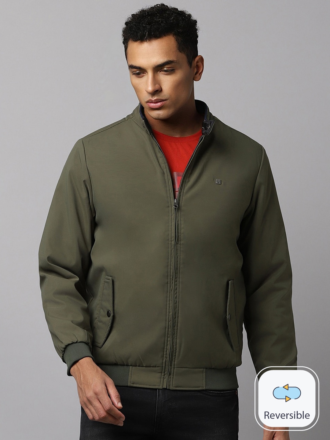

Allen Solly Stand Collar Reversible Pure Cotton Bomber Jacket, Olive