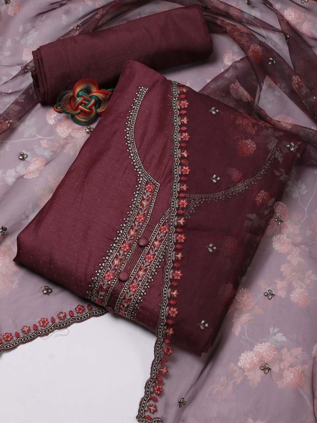 

Meena Bazaar Floral Embroidered Unstitched Dress Material, Purple