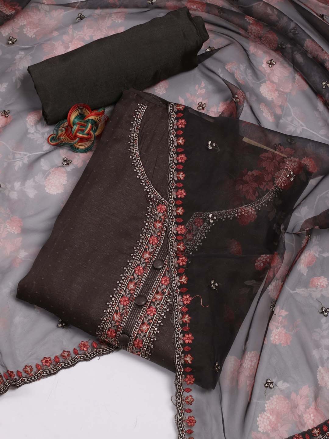 

Meena Bazaar Floral Embroidered Unstitched Dress Material, Brown