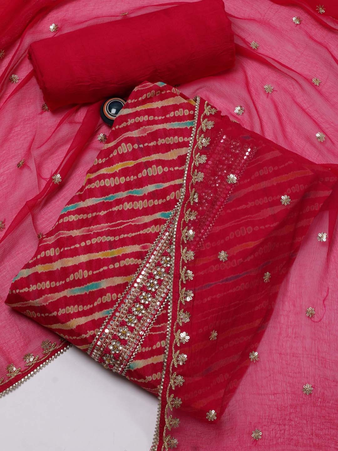

Meena Bazaar Leheriya Printed Sequinned Unstitched Dress Material, Pink
