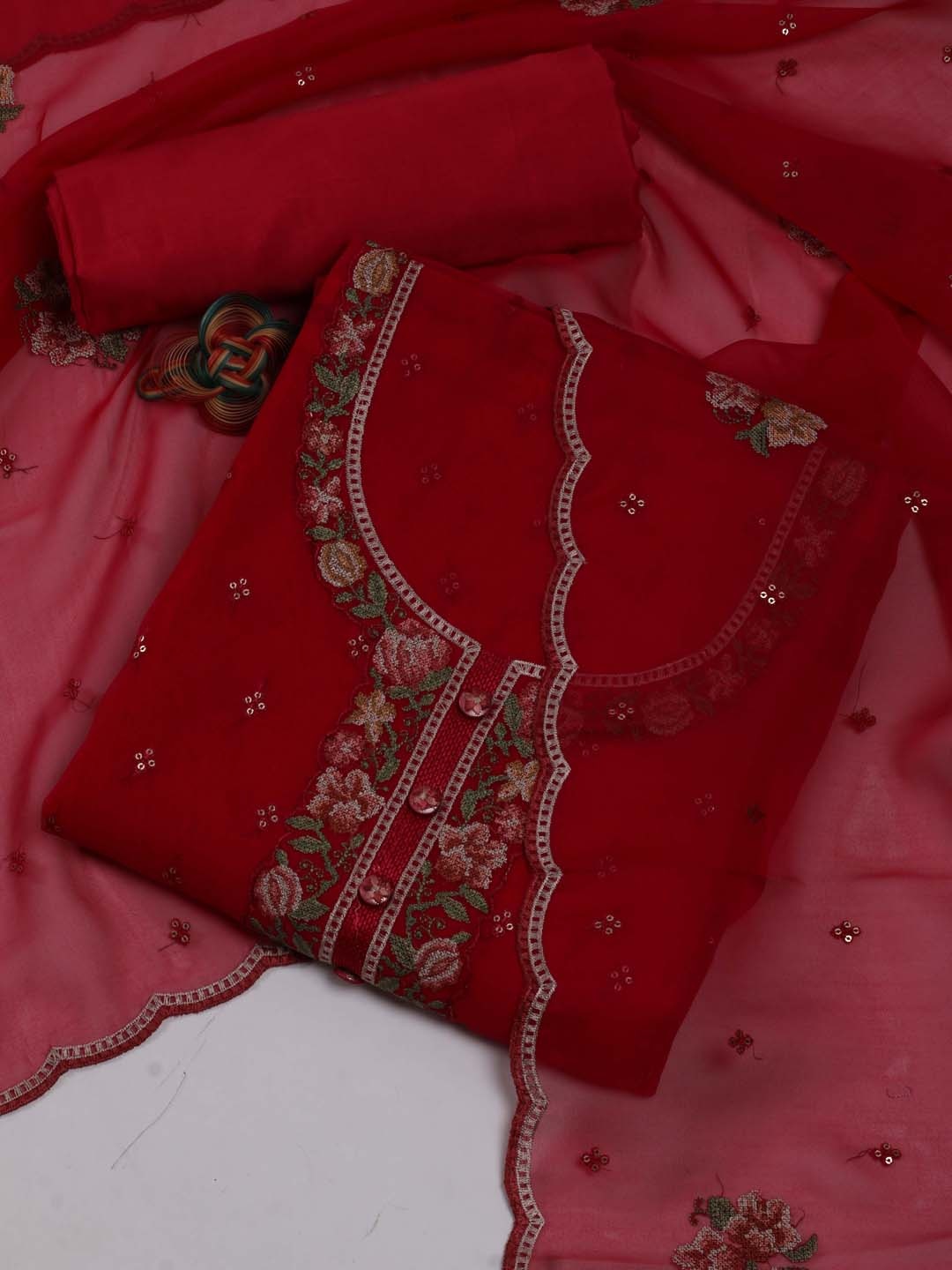 

Meena Bazaar Embroidered Sequinned Organza Unstitched Dress Material, Red