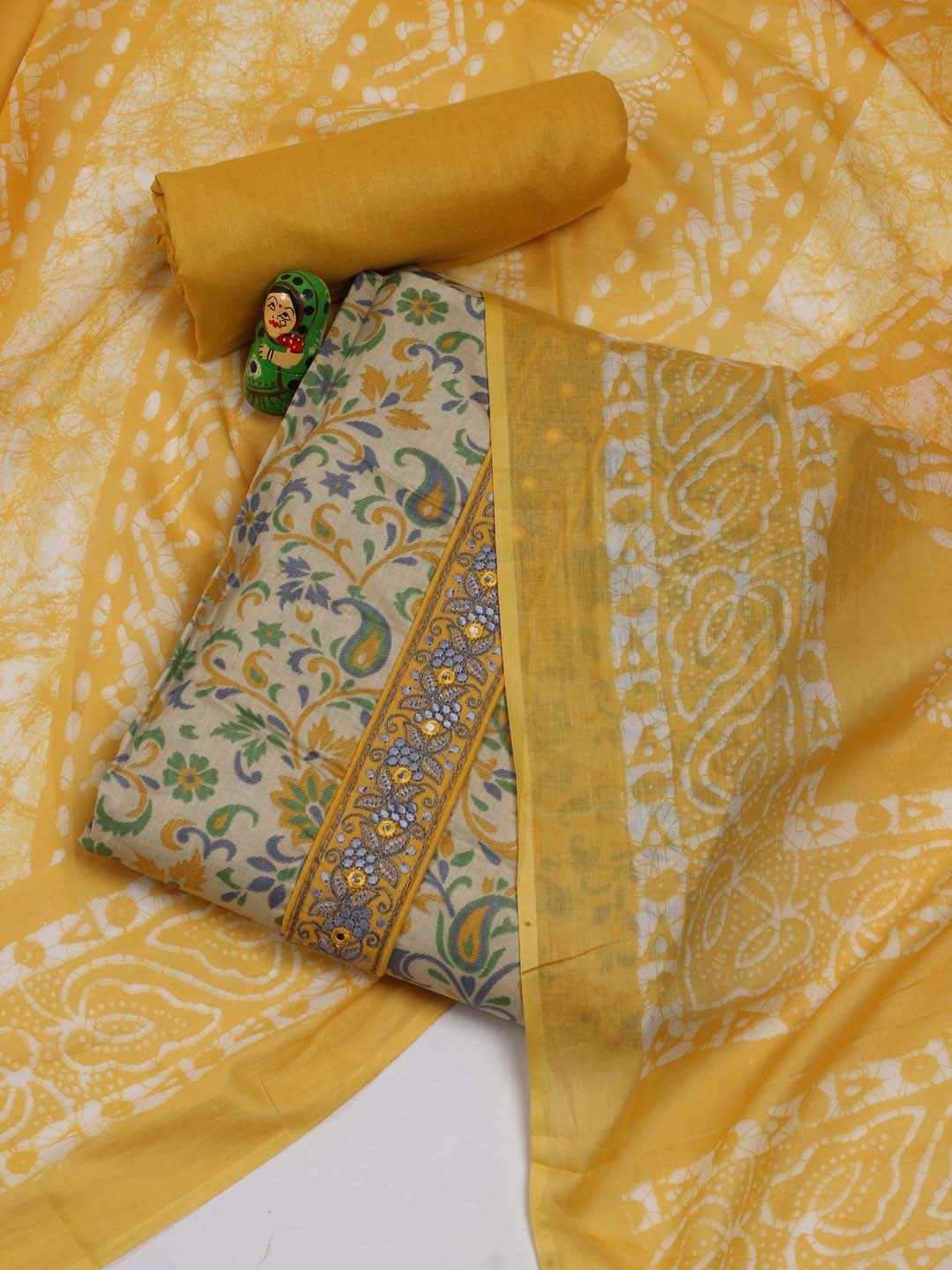 

Meena Bazaar Paisley Printed Threa Work Unstitched Dress Material, Beige