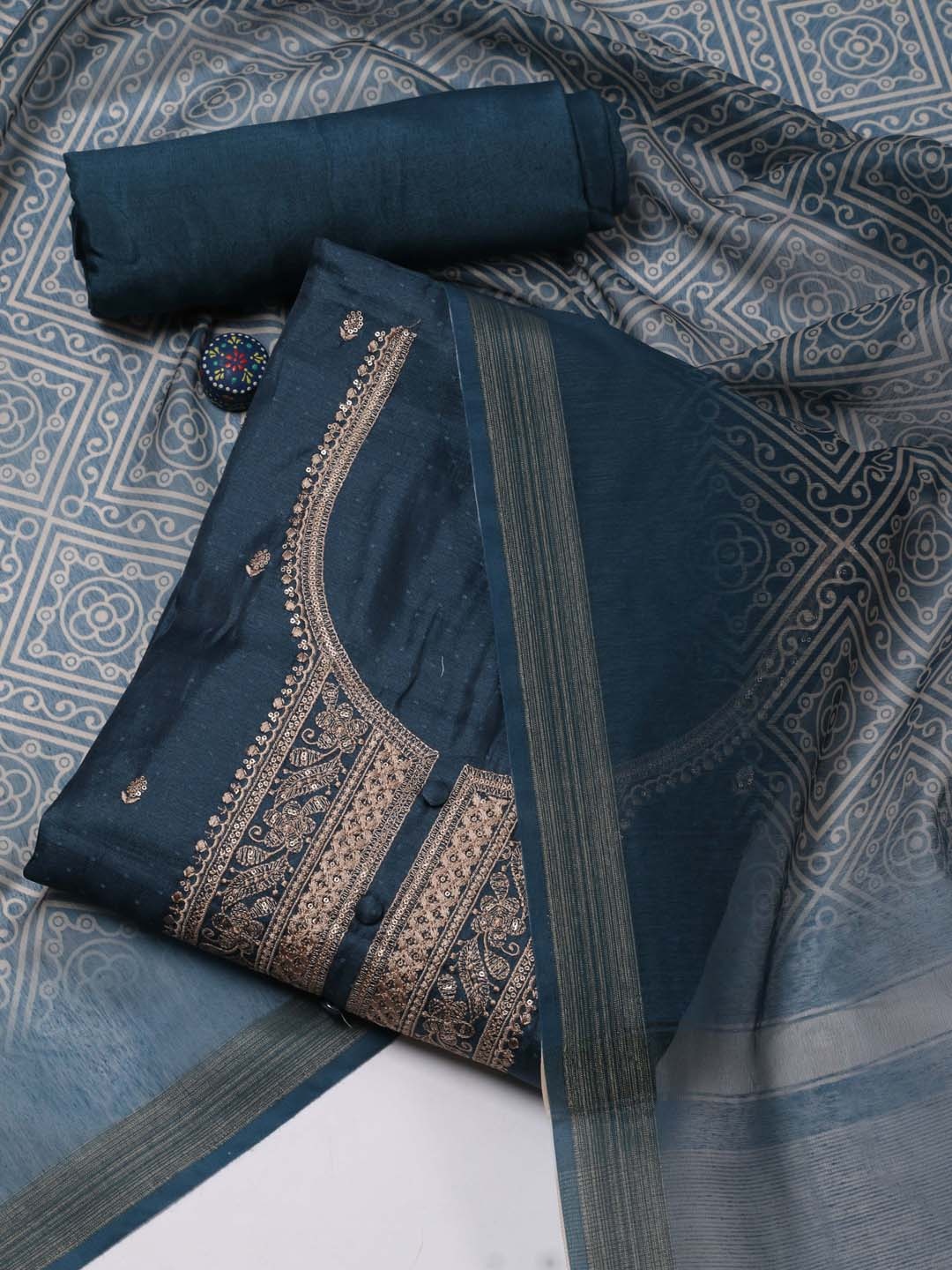 

Meena Bazaar Embroidered Sequinned Unstitched Dress Material, Blue
