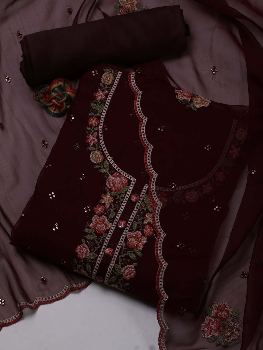 

Meena Bazaar Embroidered Sequinned Organza Unstitched Dress Material, Burgundy