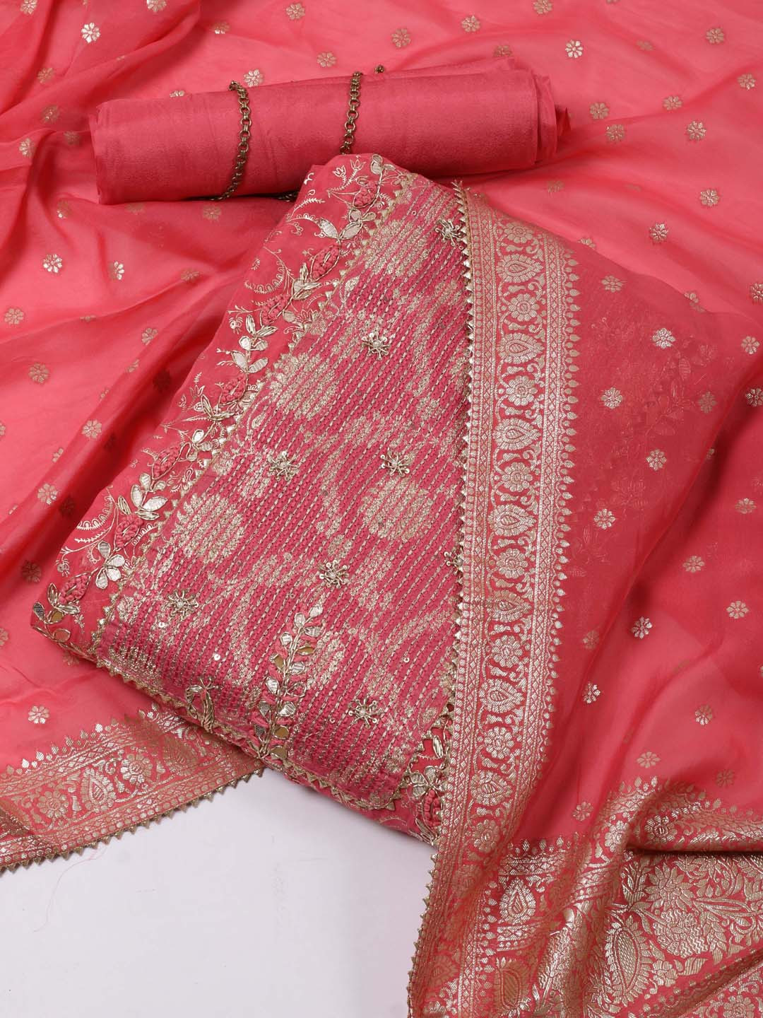 

Meena Bazaar Floral Printed Gotta Patti Unstitched Dress Material, Coral