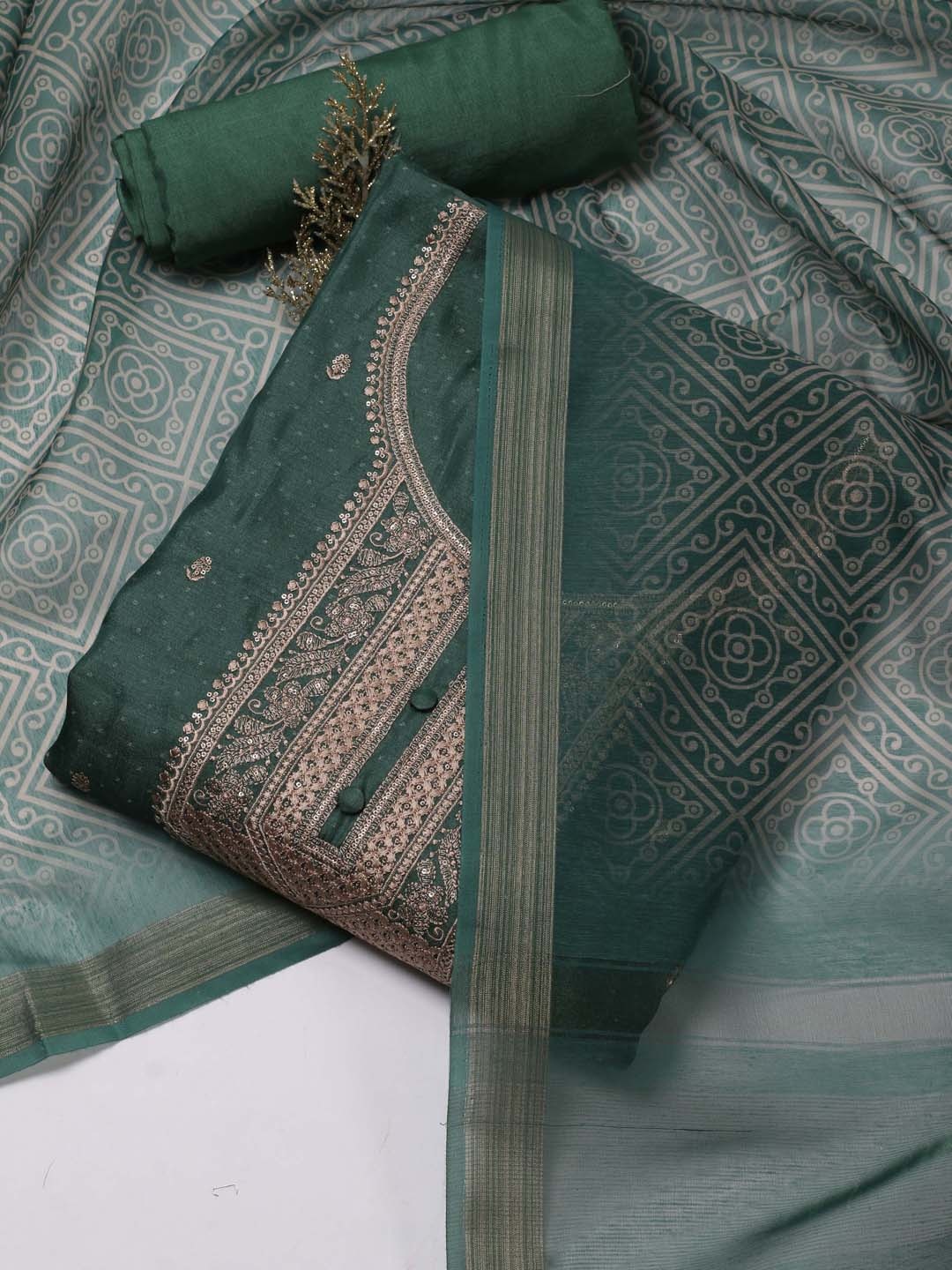 

Meena Bazaar Ethnic Motifs Embroidered Sequinned Unstitched Dress Material, Green