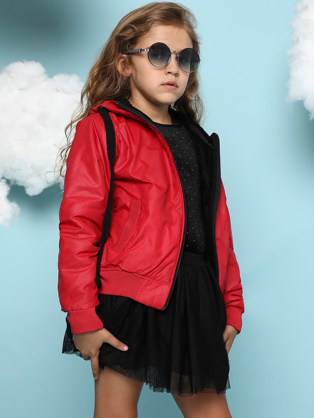 Instafab Girls Windcheater Hooded Tailored Jacket, Red