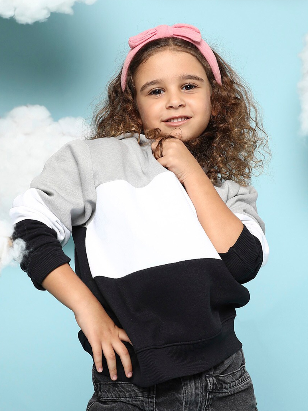 

Instafab Girls Colourblocked Hooded Cotton Pullover, Grey