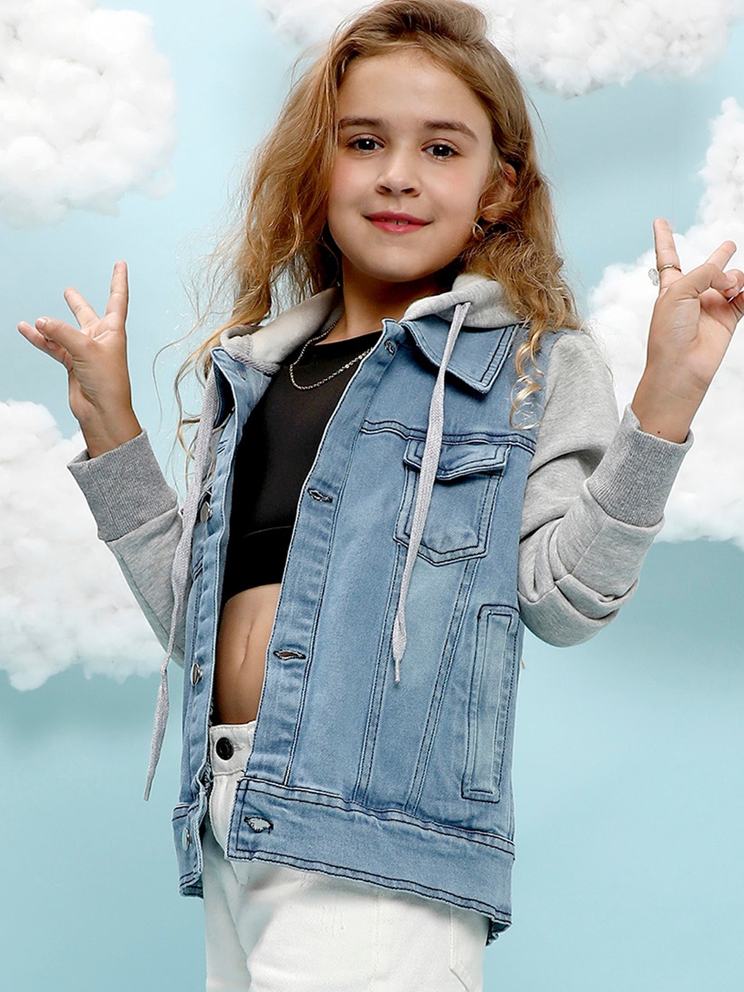 

Instafab Girls Cotton Hooded Windcheater Outdoor Denim Jacket, Blue