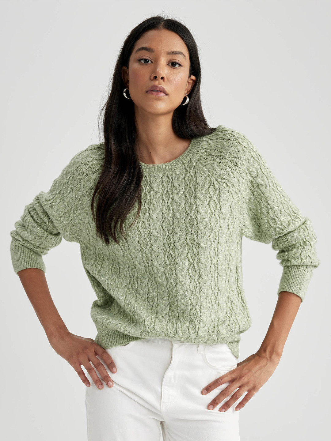 

DeFacto Round Neck Acrylic Cable Knit Cardigan, Green