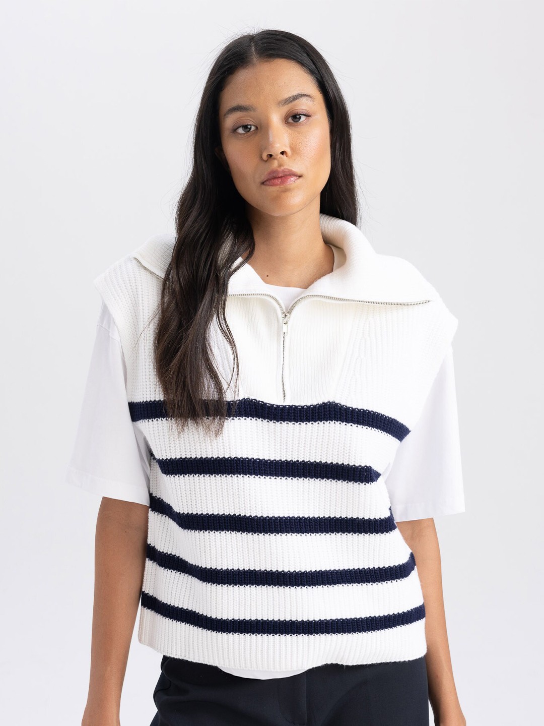 

DeFacto Striped Mock Collar Acrylic Pullover, White