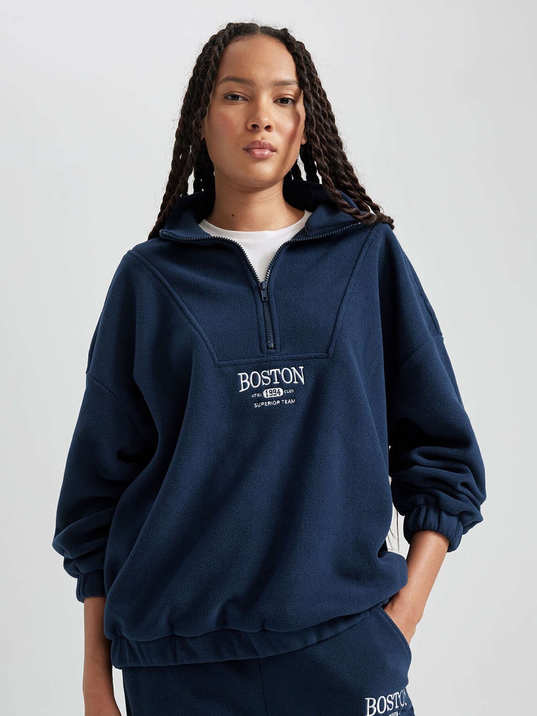 

DeFacto Typography Printed Half Zipper Shirt Collar Pullover Sweatshirt, Navy blue