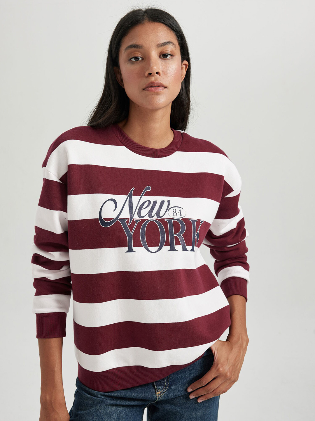 

DeFacto Striped Round Neck Pullover Sweatshirt, Maroon