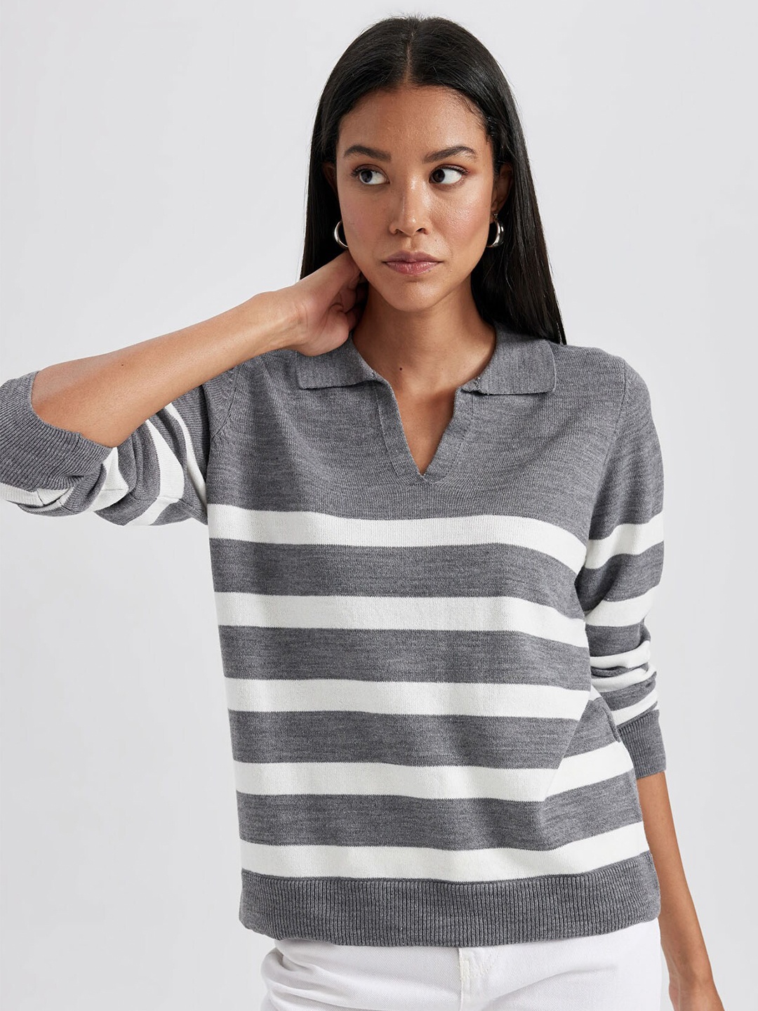 

DeFacto Striped Acrylic Pullover, Grey