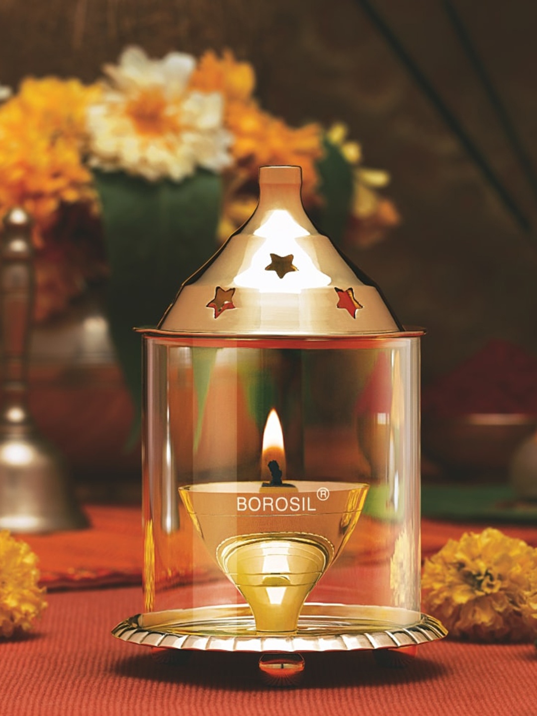 

BOROSIL Akhand Diya Gold Toned Decorative Brass Glass Oil Lamp With Glass Chimney