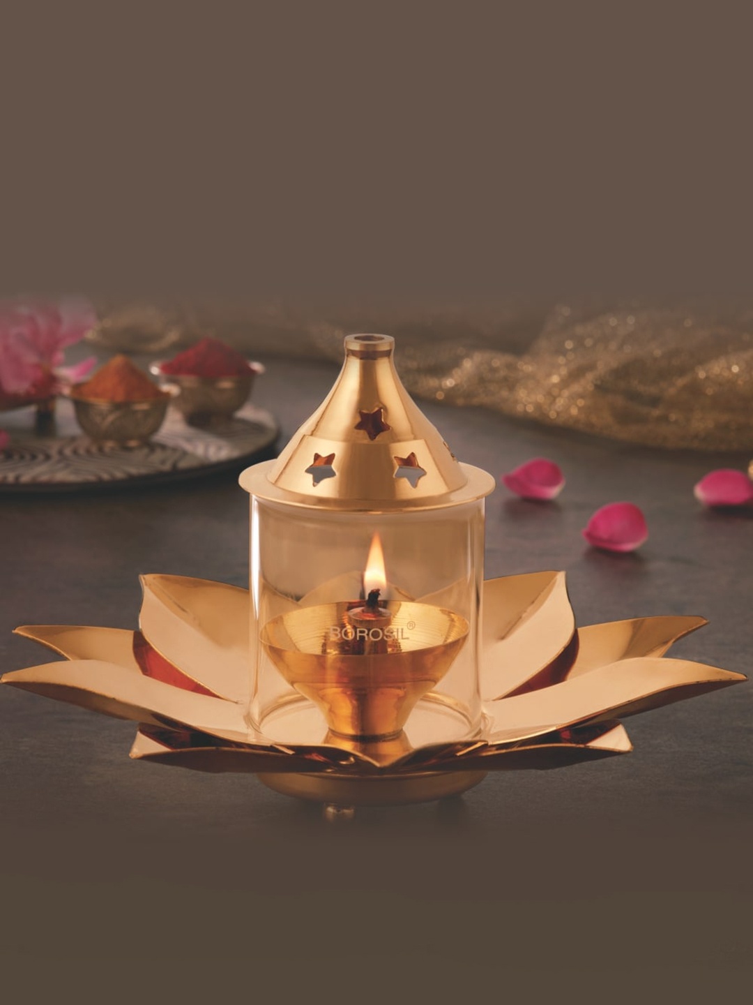 

BOROSIL Kamal Diya Gold Toned Glass Oil Lamp With Tea Light Holder & Glass Chimney