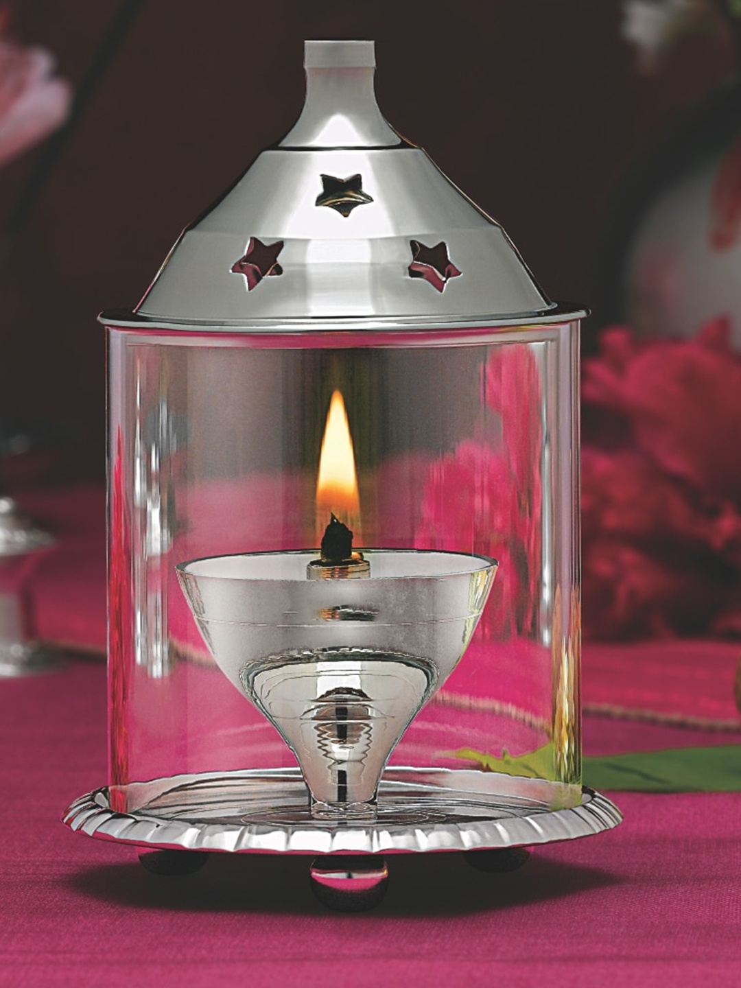 

BOROSIL Akhand Diya Grey Decorative Glass Oil Lamp, Tea Light Holder With Glass Chimney, Silver