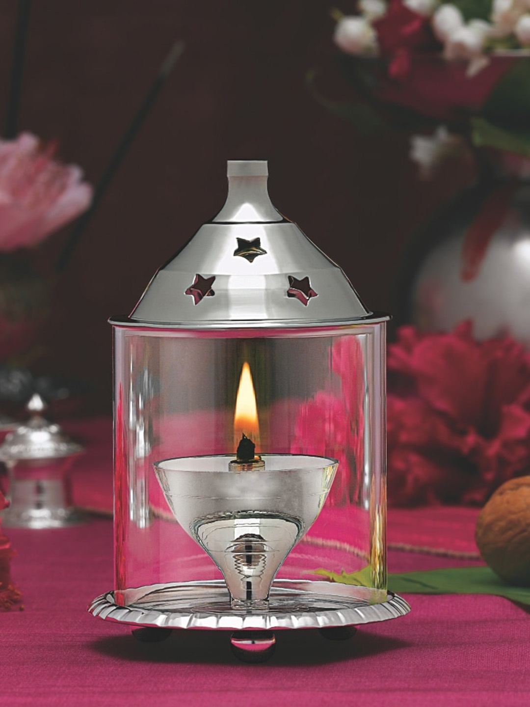 

BOROSIL Akhand Diya Silver Toned Decorative Glass Oil Lamp, Holder With Glass Chimney
